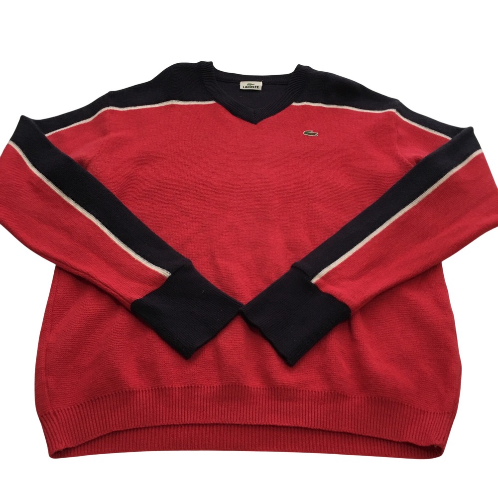Lacoste V-Neck Sweater Mens Large (Size 5) Red Navy Stripe